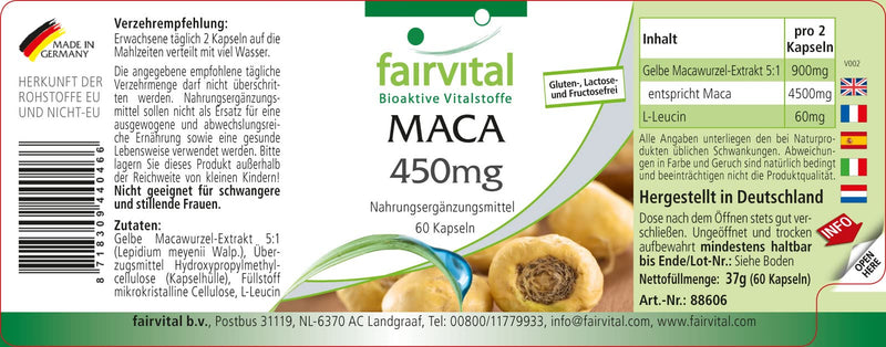Fairvital | Maca Kapseln 450mg - HOCHDOSIERT - VEGAN - 60 Kapseln - 4-fach konzentrierter Wurzelextrakt - NewNest Australia