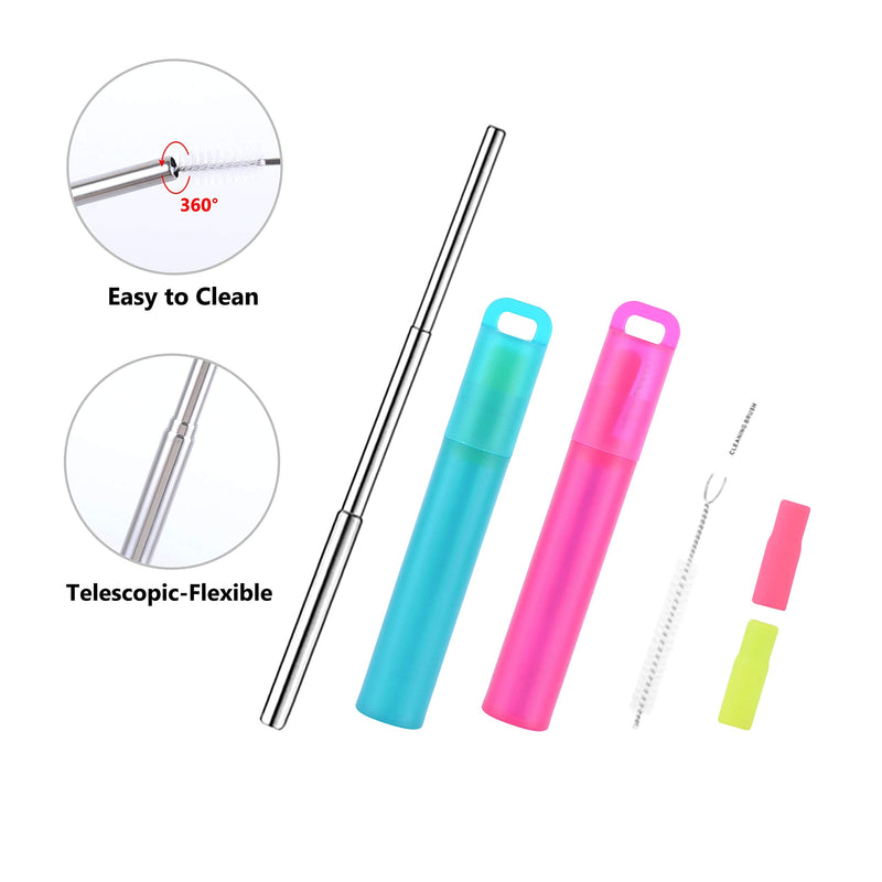 WOLFTEETH 2 Pack Reusable Telescopic Metal Straws with Food Grade Silicone Tip, Collapsible Stainless Steel Folding Drinking Straws with Portable Plastic Case & Cleaning Brush, Green & Rose 502603 - NewNest Australia