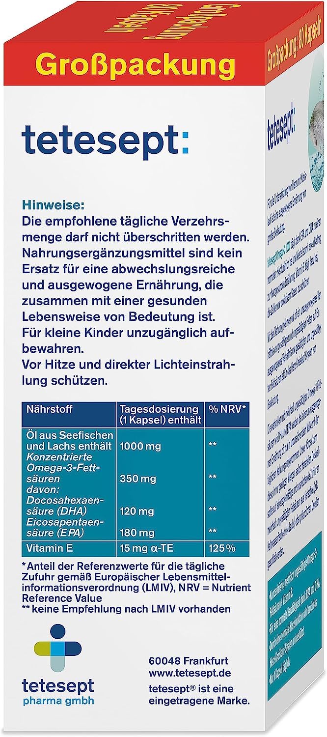 Tetesept Omega-3 1000 - Sea Fish And Salmon Oil Capsules - High Dose Omega 3 Fatty Acids Dha, Epa And Vitamin E - Supports Cardiovascular System - 1 X 80 Capsules [Dietary Supplement] - NewNest Australia