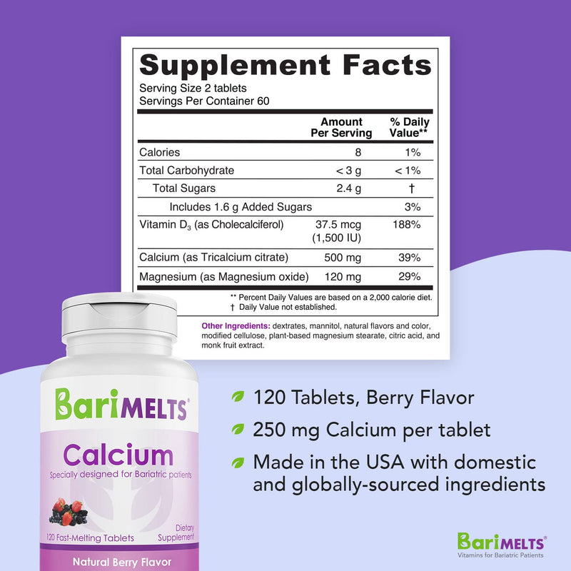 BariMelts Calcium Citrate, Dissolvable Bariatric Vitamins, Natural Berry Flavor, 120 Fast Melting Tablets - NewNest Australia