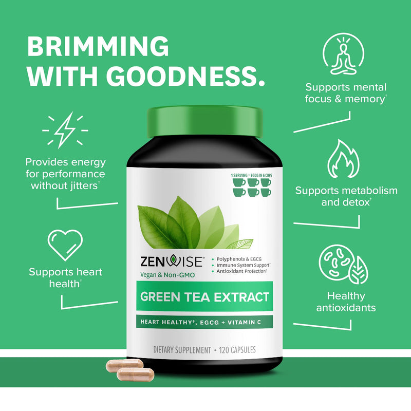 Zenwise Green Tea Extract with EGCG & Vitamin C - Antioxidant & Immune Supplement - Vegan Skin & Heart Support + Brain Health & Memory Boost - 120 Count - NewNest Australia