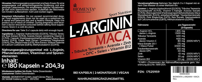Arginine 1500 mg + Maca 1200 mg + Zinc, OPC - 140 Capsules - NewNest Australia