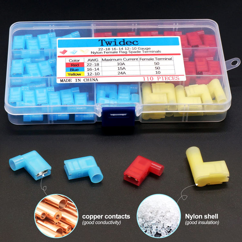 Twidec/110Pcs Nylon Flag Spade Female Insulated Terminals 22-18 18-14 12-10 Gauge Quick Disconnects Electrical Crimp Terminals Connector Assortment Kit for Electrical Wiring Car Audio Speaker N-006 - NewNest Australia