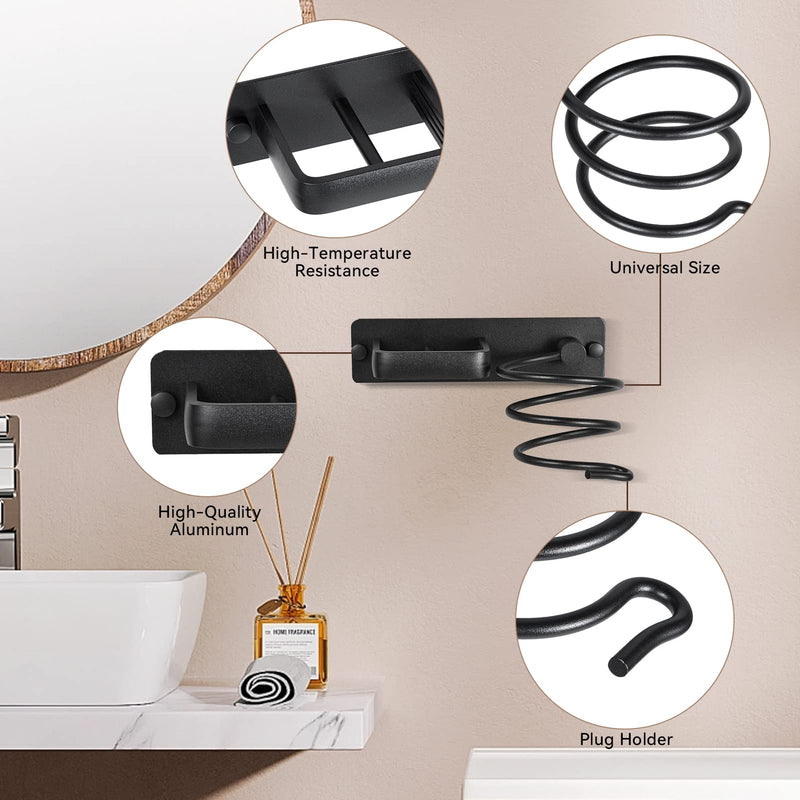 YUET Hair Dryer Holder Hairdryer Station Wall Mounted Spiral Shelf Bracket Stand Hanger Straightener Organizer Blow Storage with Holes Rack For Bathroom Aluminum Professional Black - NewNest Australia