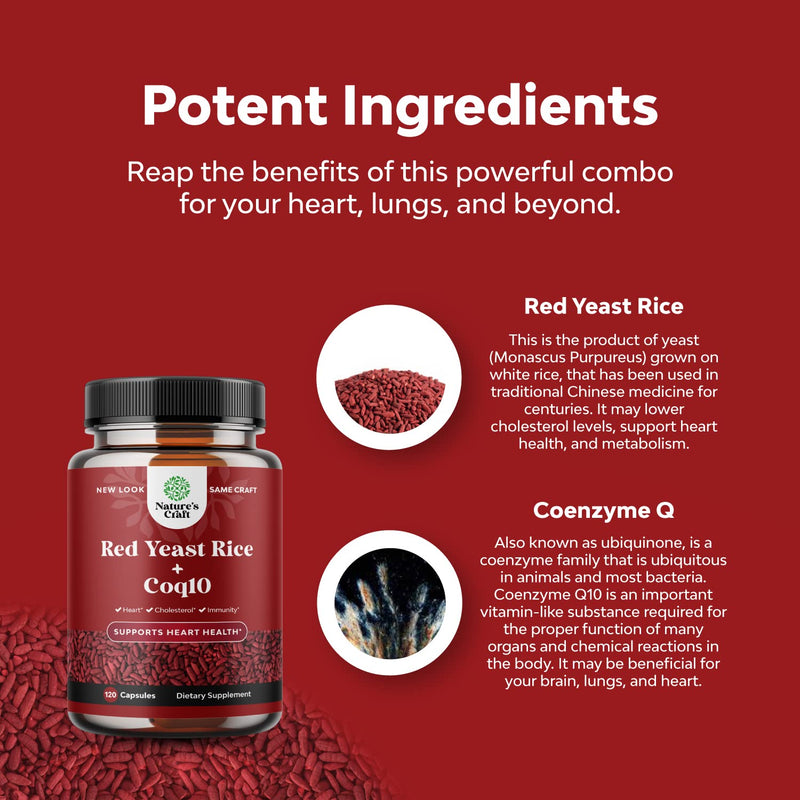 Red Yeast Rice with CoQ10 Supplement - Extra Strength Citrinin-Free Red Yeast Rice 1200mg with CoQ10 100mg Heart Health and Cholesterol Supplement for Men and Women - 120 Daily Veggie Capsules - NewNest Australia