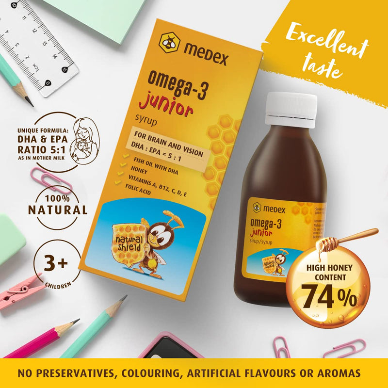 Medex Omega 3 Children'S Junior Syrup, 74% Honey Based - 143 G Honey, Excellent Taste, 250 Mg Dha, 50 Mg Epa; Added Vitamins A, B12, C, D, E, Folic Acid, From 3 Years, 140 Ml - NewNest Australia