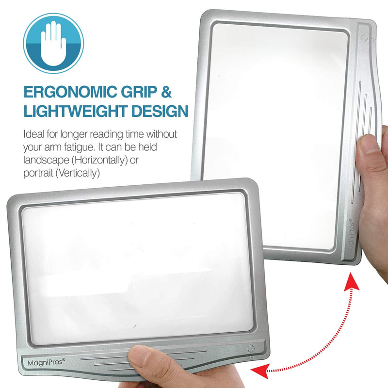 MagniPros 3X Large Ultra Bright LED Page Magnifier with 12 Anti-Glare Dimmable LEDs (Provide More Evenly Lit Viewing Area & Relieve Eye Strain)-Ideal for Reading Small Prints & Low Vision & Aging Eyes Silver - NewNest Australia