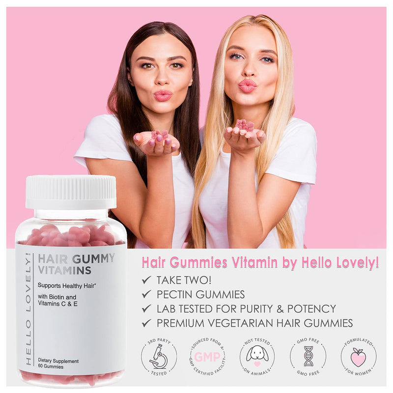 Hello Lovely Hair Vitamins Gummies with Biotin 5000 mcg Vitamin E & C Support Hair Growth, Premium Vegetarian, Non-GMO, for Stronger, Beautiful Hair & Nails, Red Berry Supplement - 60 Gummy Bears 60 Count (Pack of 1) - NewNest Australia