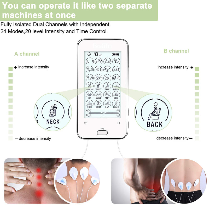 Belifu Dual Channel Tens Unit Electro Muscle Stimulator, Fully Isolated with Independent 24 Modes, Rechargeable Pulse Massager with Electrodes Pads for Neck Back Arms Chronic Pain Relief Body Building - NewNest Australia