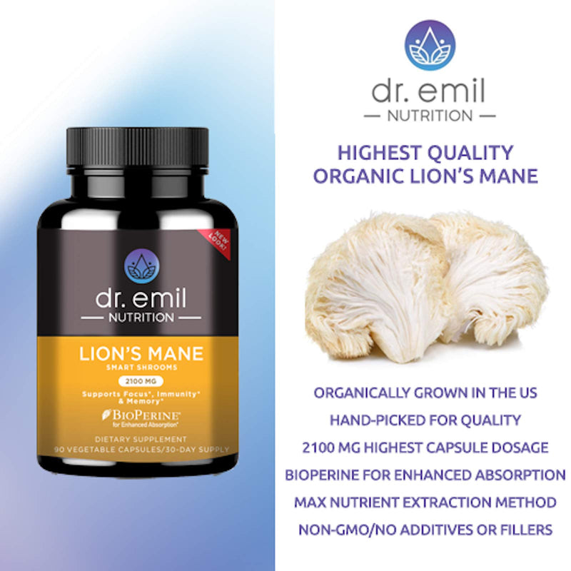 Dr. Emil Nutrition Organic Brain Boosting Lions Mane Mushroom Capsules with Absorption Enhancers, Powerful Nootropic Brain Supplement and Immune Support with 100% Organic Lions Mane Extract - NewNest Australia