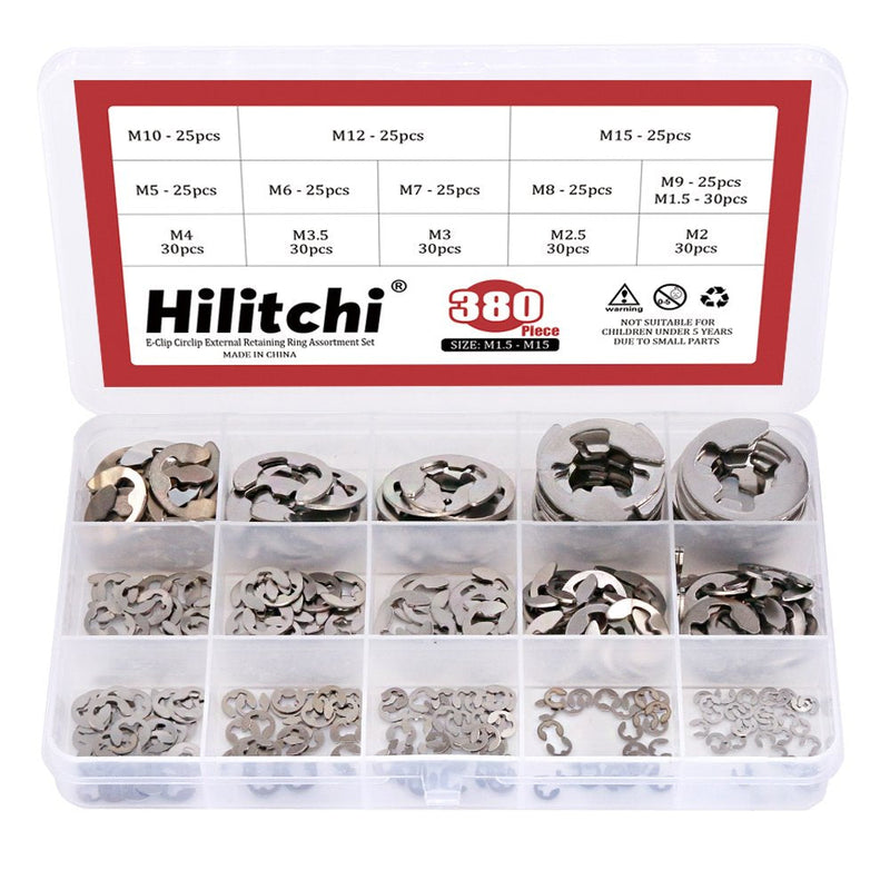 Hilitchi 380-Pcs [14-Size] E-Clip Circlip External Retaining Ring Assortment Set - 304 Stainless Steel - NewNest Australia