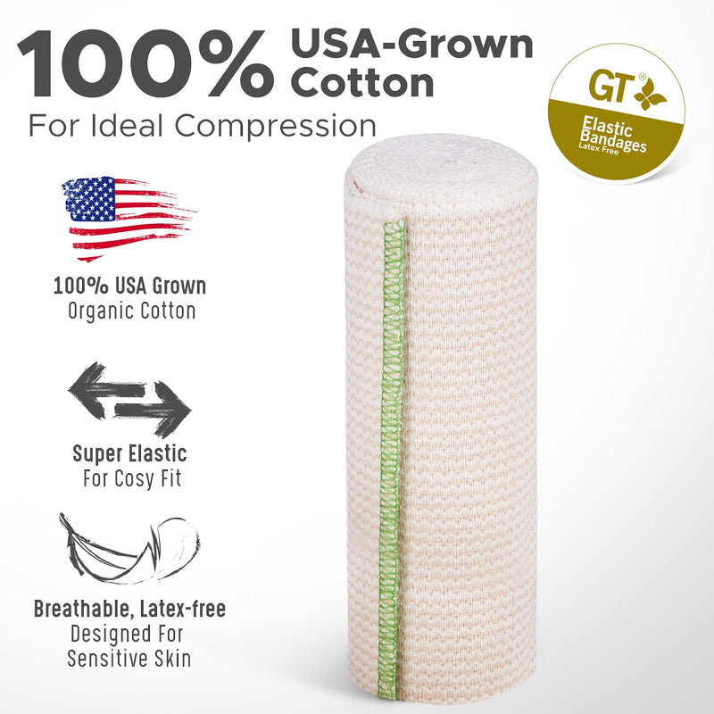 Premium Elastic Bandage Wrap Made of USA Grown Organic Cotton - Hook & Loop Fasteners at Both Ends - GT Latex Free Hypoallergenic Compression Roll for Sprains & Injuries (2" Wide, 2 Pack) 2" Wide - NewNest Australia