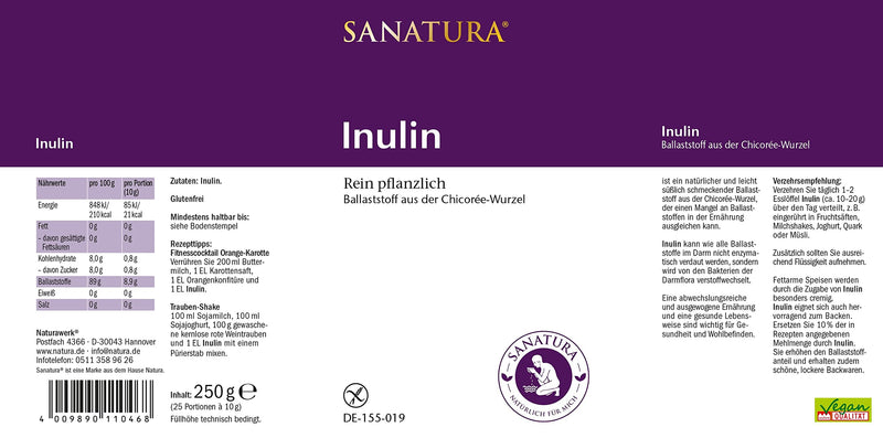 Sanatura Inulin - 250 g inulin powder - vegan and gluten-free - active fiber from chicory root 250 g (pack of 1) - NewNest Australia