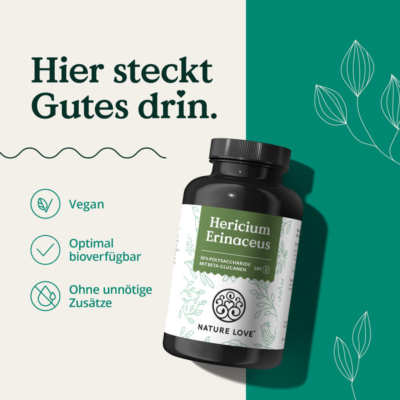Nature Love Hericium Erinaceus - 180 Capsules - High Dose With 1500 Mg 30:1 Extract Per Daily Dose - 30% Polysaccharides And 5% Beta Glucans - Lions Mane Mushroom - Vegan And Laboratory Tested - NewNest Australia