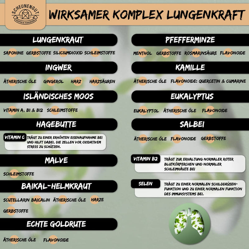Lungenkraft Lungwort Capsules Strong - Important: Laboratory-Tested 14-Fold Complex With Lungwort, Ginger, Rose Hip, Icelandic Moss, Selenium, Sage And More I 120 Capsules I From De I Scheunengut - NewNest Australia