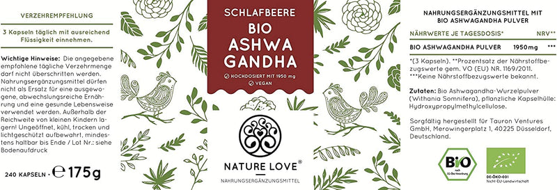 Nature Love Organic Ashwagandha ‚ Introductory Price ‚ High Dose With 1950 Mg Daily Dose ‚ 240 Capsules ‚ Premium: Original Indian Sleep Berry (Withania Somnifera) - Laboratory Tested. - NewNest Australia