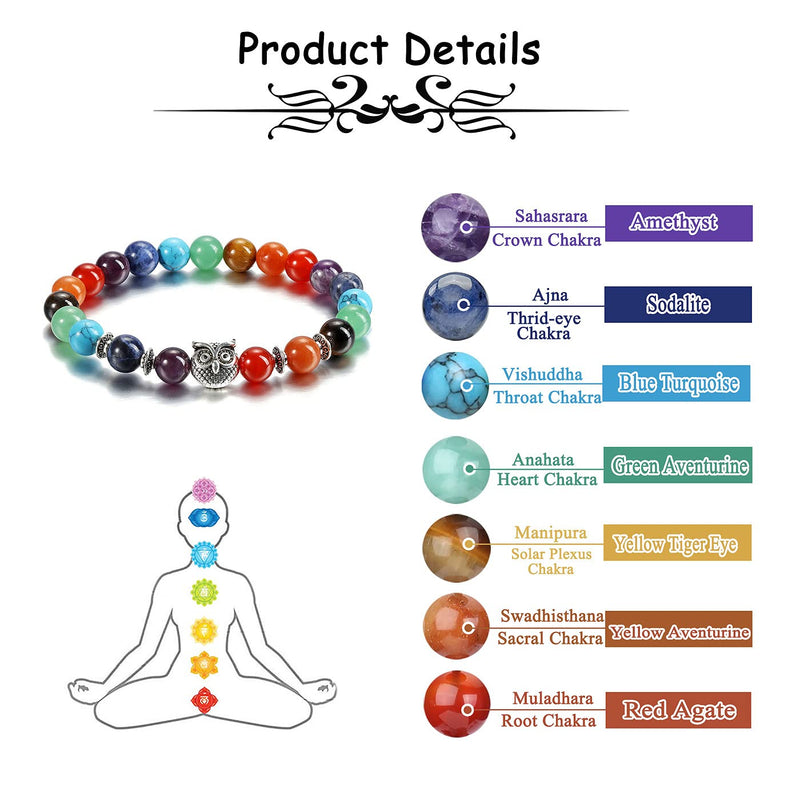 JOVIVI 7 Chakra Healing Crystal Bracelet Women Natural Rainbow Gemstones Yoga Reiki Chakras Stone Anxiety Aromatherapy Worry Beads Owl Lucky Bracelet Men Jewellery Protection Gifts 7 Chakra Beads - NewNest Australia