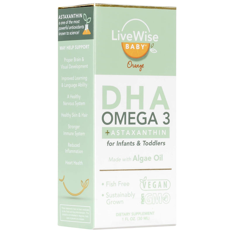 DHA Omega 3 Liquid Drops - Baby Vitamin DHA Omega 3 for Infants Plus Astaxanthin - Vegan Friendly, Great Tasting - Omega 3 Supplement w/Organic Orange Oil Develops Healthy Brain, Eyes, Immune System - NewNest Australia