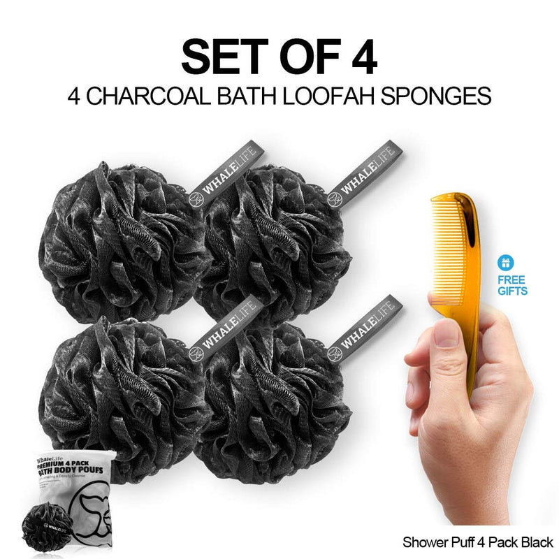 Shower Puff 4 Pack Black Bath Sponge Shower Loofahs Pouf Ball Nature Bamboo Charcoal Mesh Bulk Puffs Large, Shower Essential Skin Care by WhaleLife - NewNest Australia