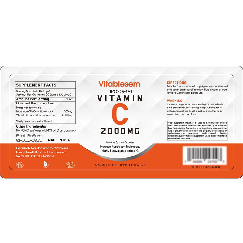 Liposomal Vitamin C Liquid 2000 mg, High Dose Ascorbic Acid, Maximum Absorption Vit C Drops, Vegan 60 ml (Pack of 1) - NewNest Australia