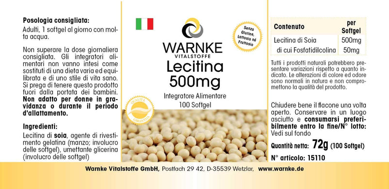 Lecithin 500mg - from soy - GMO-free - high dosage - 100 softgels | Warnke vital substances - NewNest Australia