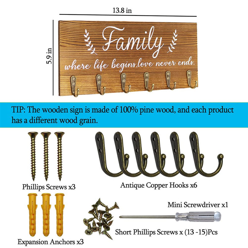 AHYS Rustic Wooden Wall Decor, Entryway Decor Sign with Key Hooks, Signs for Home Decor Wall for Living Room, Bedroom,Kitchen with 6 Metal Hooks - Brown - NewNest Australia