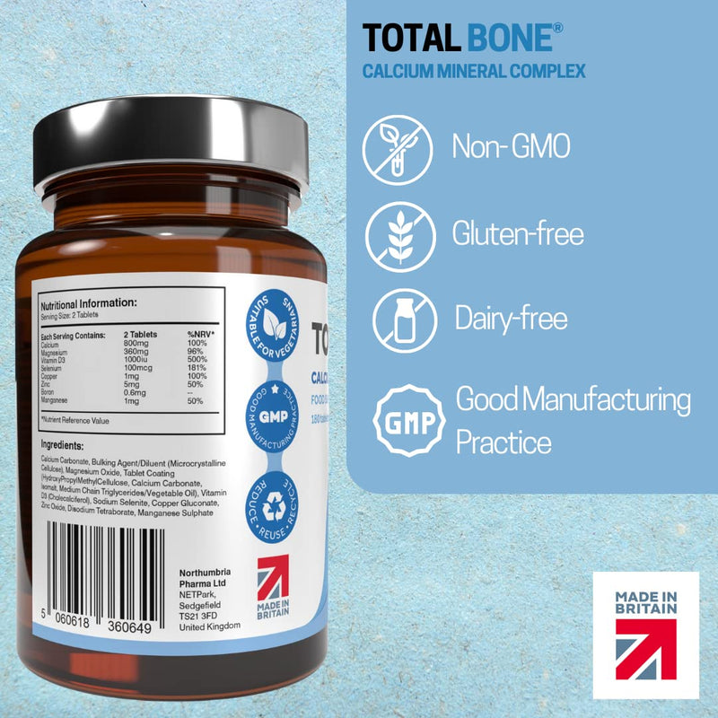 Total Bone® Calcium Magnesium Zinc & Vitamin D3 Supplement - 180 Vegetarian Tablets - 3 Month Supply of High Strength Osteo Tablets - Calcium Supplement Complex - Made in The UK by Northumbria Health - NewNest Australia