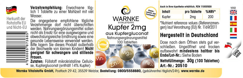 Copper 2mg from copper gluconate - vegan - 100 tablets | Warnke vital substances - NewNest Australia