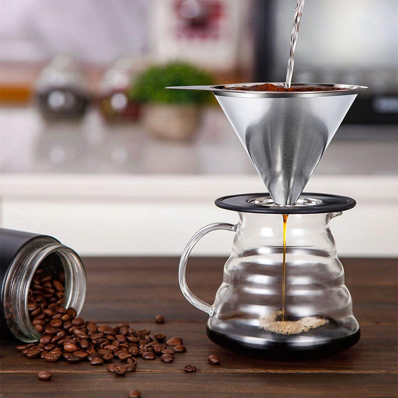 Pour Over Coffee Dripper Stainless Steel LHS Slow Drip Coffee Filter Metal Cone Paperless Reusable Single Cup Coffee Maker 1-2 Cup With Non-slip Cup Stand and Cleaning Brush 1-2 cups - NewNest Australia