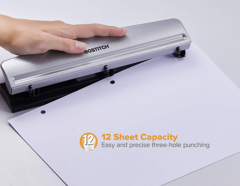 Bostitch Office 3 Hole Punch, 12 Sheet Capacity, All-Metal, Silver 1 Pack - NewNest Australia