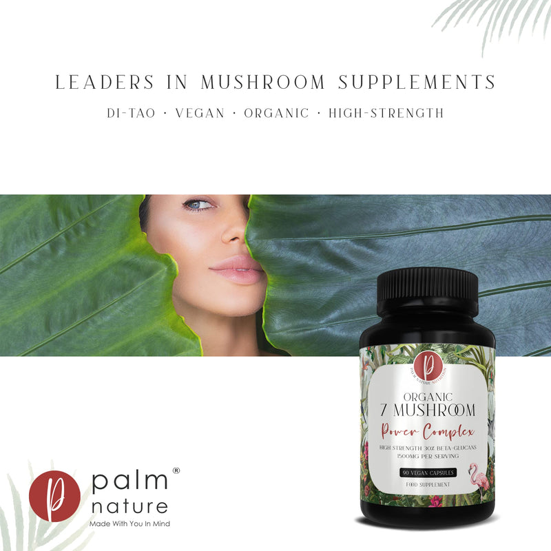 Palm Nature 7 Mushroom Complex - High Strength Extracts Not Powders - 30% Beta-Glucans - 90 Vegan Capsules - 1500mg Per Serving - Lions Mane, Chaga, Reishi, Shiitake, Maitake, Tremella, Cordyceps - NewNest Australia
