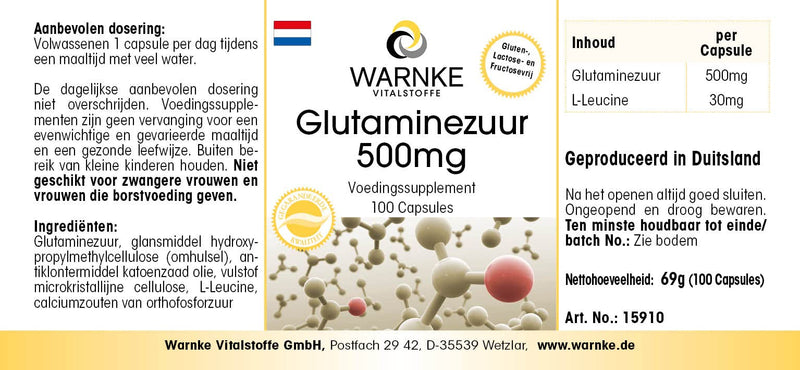 Glutamic acid 500mg - vegan & high dose - 100 capsules | Warnke vital substances - NewNest Australia