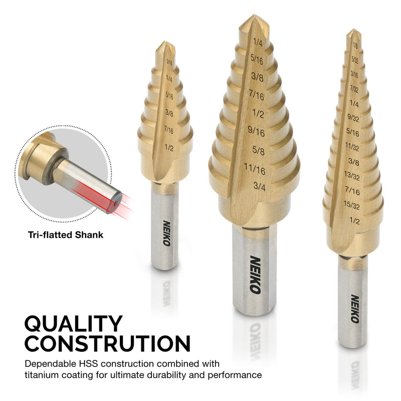 Neiko 10193A Titanium Step Drill Bit Set, High Speed Steel | 3-Piece Set | Total 28 Sizes Combined Sizes - NewNest Australia