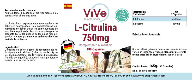 L-Citrulline 750 mg - 180 capsules for 1 month - amino acid - high dosage and vegan | Quality from Germany from ViVe Supplements - NewNest Australia