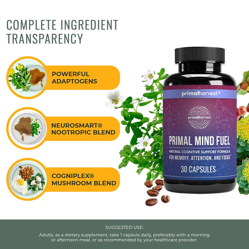 Brain Supplement by Primal Harvest - Primal Mind Fuel Brain Booster for Focus, Energy, Clarity, Memory Brain Health - Focus Supplement for Men and Woman 30 capsules Nootropics Brain Support Supplement - NewNest Australia