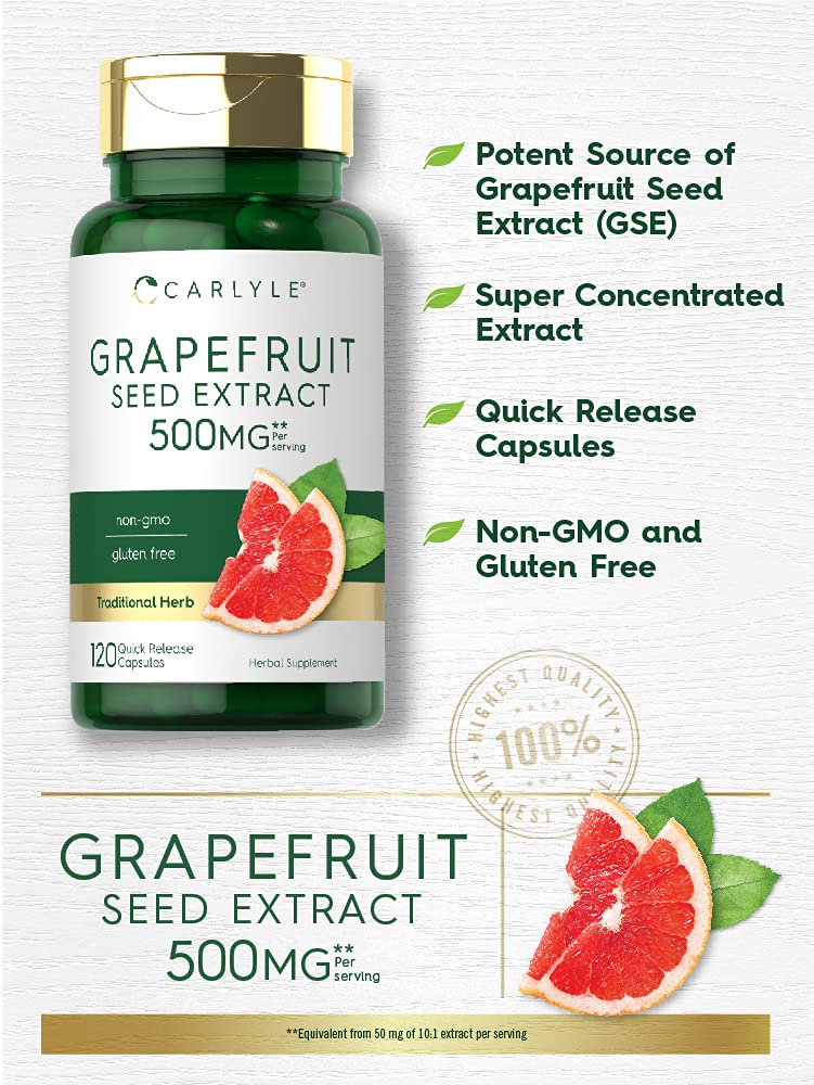 Grapefruit Seed Extract | 500 mg 120 Capsules | Maximum Strength | Non-GMO, Gluten Free | by Carlyle - NewNest Australia