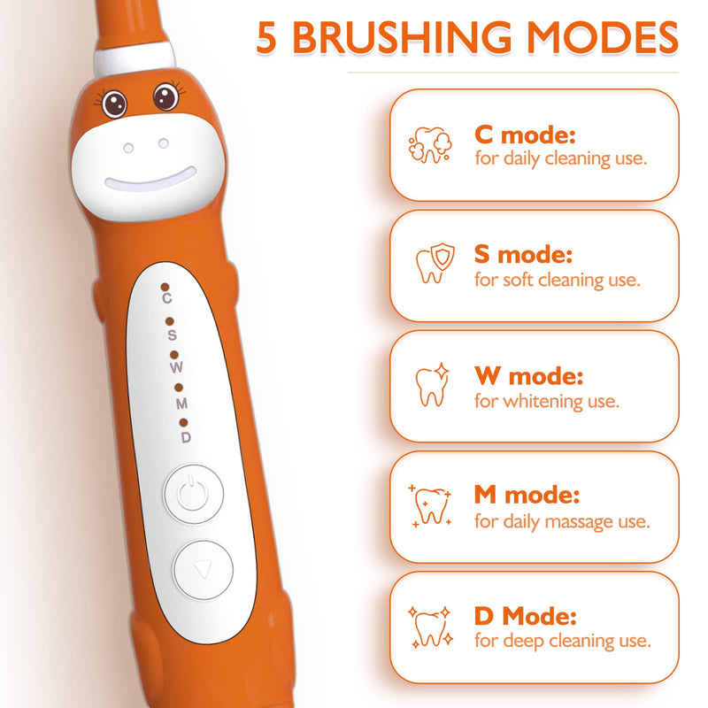 Dinosaur Toothbrush, Kids Sonic Electric Toothbrush for Children, Toddlers Boys Girls Age 3-12 with 30s Reminder, 2 Mins Timer, 5 Modes, 6 Brush Heads, Rechargeable, Wall-Mounted Holder 8680 Orange+ 6 Heads+ Holder(package Might Vary) - NewNest Australia