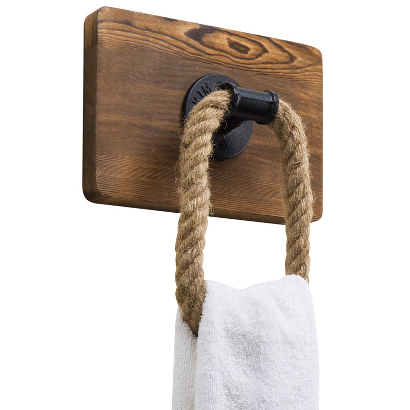 MyGift Dark Brown Rustic Wood & Industrial Pipe Wall Mounted Rope Towel Ring - NewNest Australia