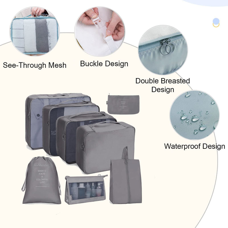 SHAINE Packing Cubes for Suitcase 8pcs Compression Packing Cubes for Travel Luggage Suitcase Organiser Bags Waterproof Travel Organiser Packing Bags Travel Essentials for Flying Grey - NewNest Australia