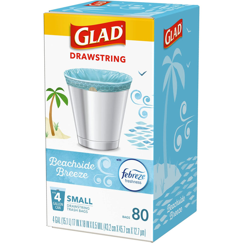 Glad Small Kitchen Drawstring Trash Bags 4 Gallon Green Trash Bag, Febreze Beachside Breeze, 80 Count (Package May Vary) Febreeze Beachside Breeze - NewNest Australia
