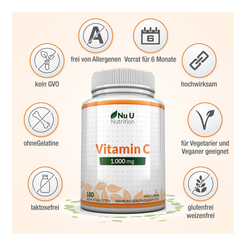 Vitamin C 1000mg High Dose - 180 Vegan Tablets - Vit C for 6 Months - From Nu U Nutrition - NewNest Australia