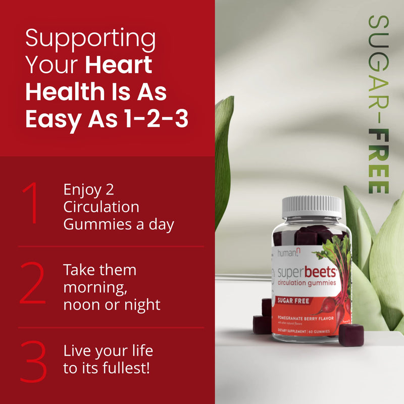 HumanN SuperBeets Sugar-Free Nitric Oxide Circulation Gummies - Daily Blood Pressure Support for Heart Health - Grape Seed Extract & Non-GMO Beet Energy Gummies - Pomegranate Berry Flavor, 60 Count 1 - NewNest Australia