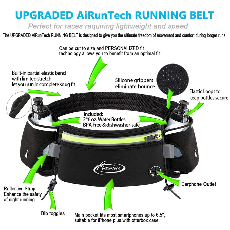 AiRunTech Running Belt with Water Bottles No Bounce Hydration Belts Can be Cut to Size Design Strap for Runners 2*6 OZ bottles Black - NewNest Australia
