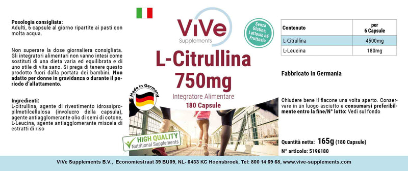 L-Citrulline 750 mg - 180 capsules for 1 month - amino acid - high dosage and vegan | Quality from Germany from ViVe Supplements - NewNest Australia