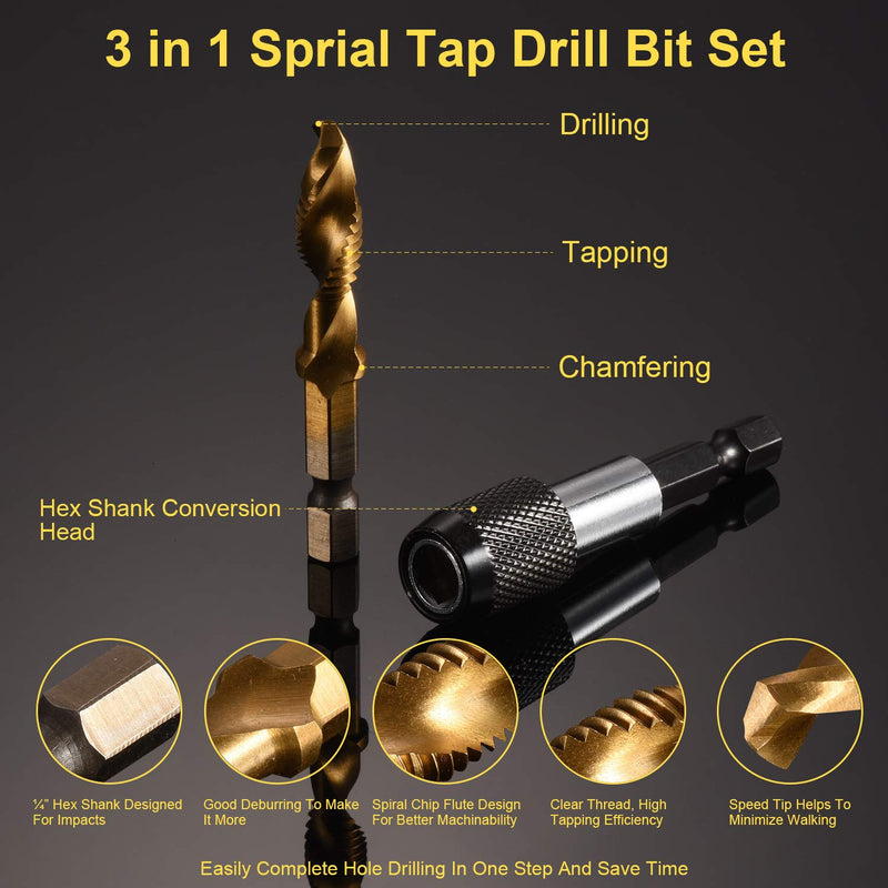 THINKWORK Combination Drill Tap & Tap Bit Set, 3-in-1 Titanium Coated Screw Tapping Bit Tool for Drilling, Tapping, Countersinking, with Quick-Change Adapter, 13 PCS SAE/Metric - NewNest Australia