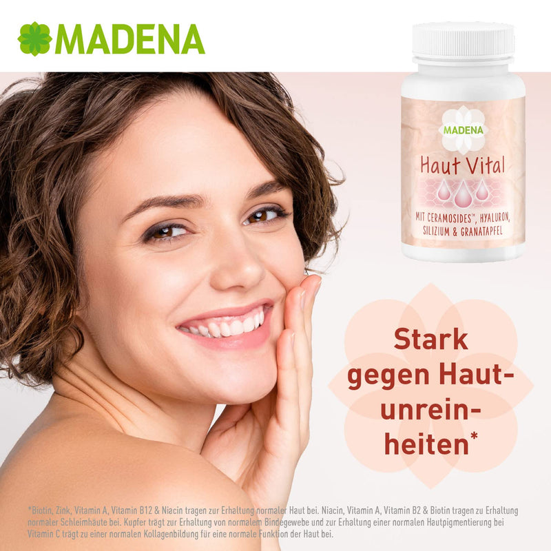 Madena Skin Vital, Skin Vitamins Against Blemished Skin, 60 Capsules High Dose With 13 Bioactive Micronutrients, Patented Ceramosides‚Ñ, Hyaluronic Acid, Pomegranate And Lignans - NewNest Australia