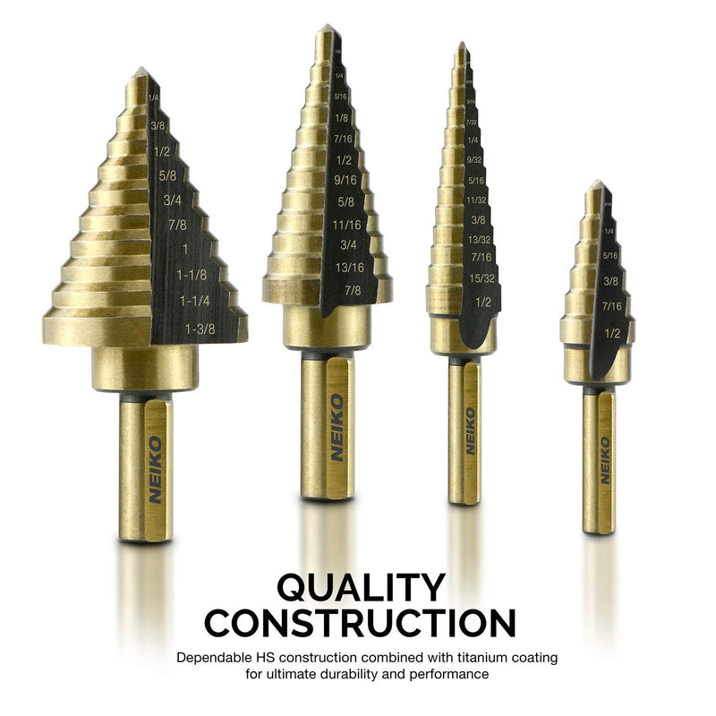 Neiko 10169A Titanium Step Drill Bit Set with Automatic Center Punch, 5-Piece | High Speed Steel | SAE | Total 41 Sizes 4 Pc w/ Center Punch - NewNest Australia