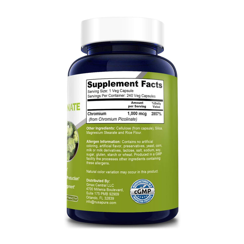Chromium Picolinate 1000mcg 240 Veggie Capsules (Non-GMO & Gluten Free) - NewNest Australia