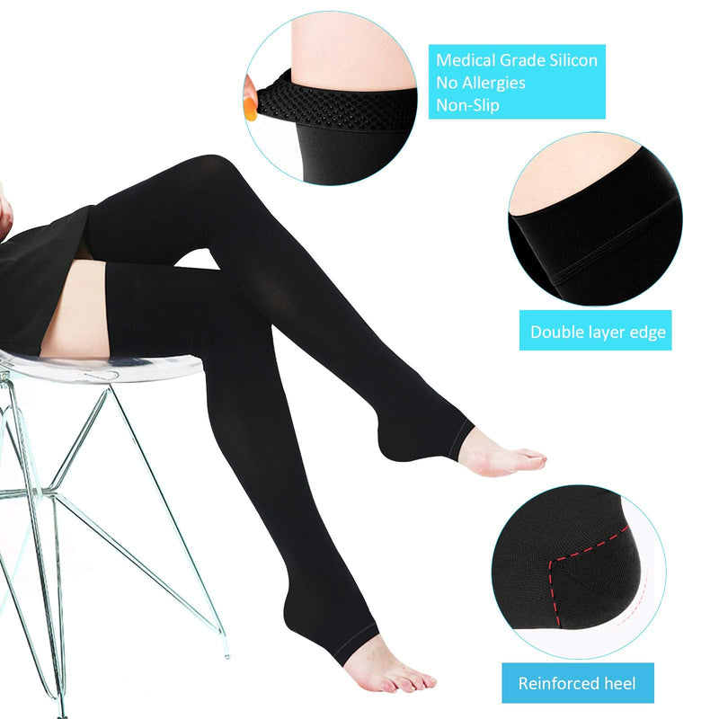 Compression Stockings Thigh High for Women Men 20-30 mmhg Graduated Compression Socks Open Toe Compression Support Hose with Non-Slide Silicone Dot Band for Swelling and Varicose Veins (Black,S) Black Small - NewNest Australia