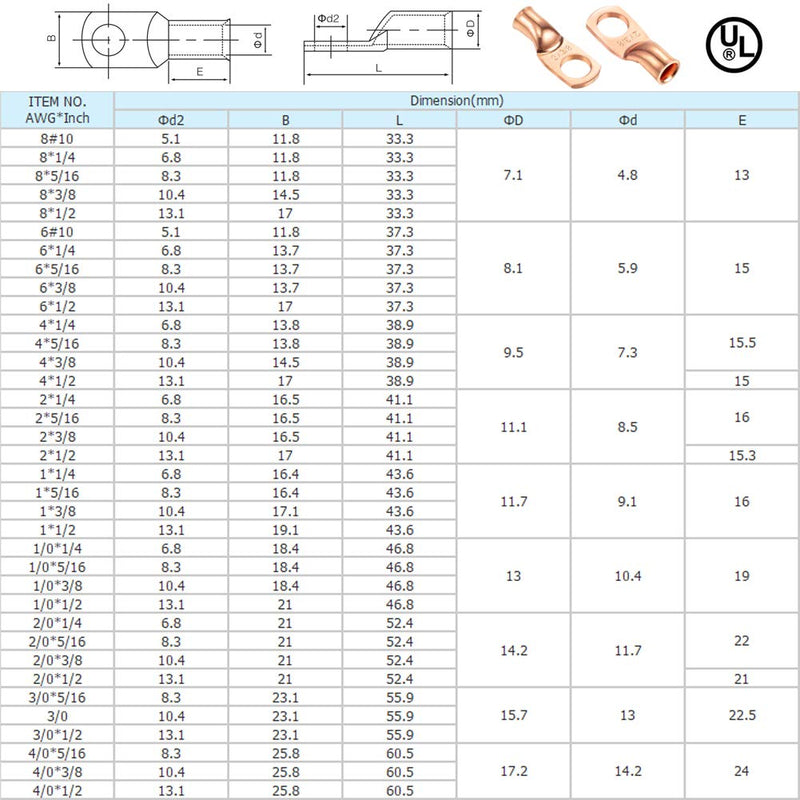Ampper Heavy Duty Copper Wire Lugs, UL Eyelets Ring Crimp Copper Terminal Connectors for Battery Cable Ends and More (4 Awg, 5/16" Ring, 10 Pcs) 5/16" Ring (M8) 4 Awg - NewNest Australia